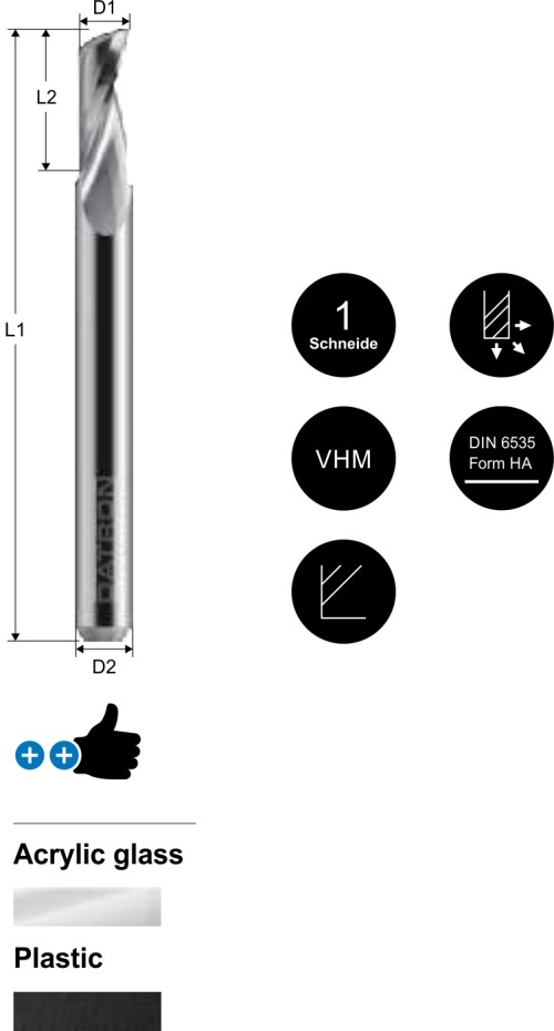 1-skärig fräs med polerat skär som passar mycket bra för bearbetning i Akrylglas och Plastmaterial.